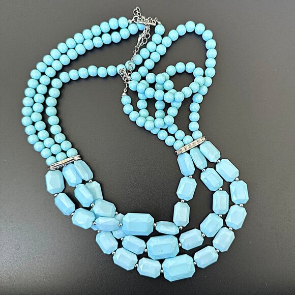 Triple Strand Beaded Necklace Blue Silver Tone Chunky Statement - Picture 3 of 4
